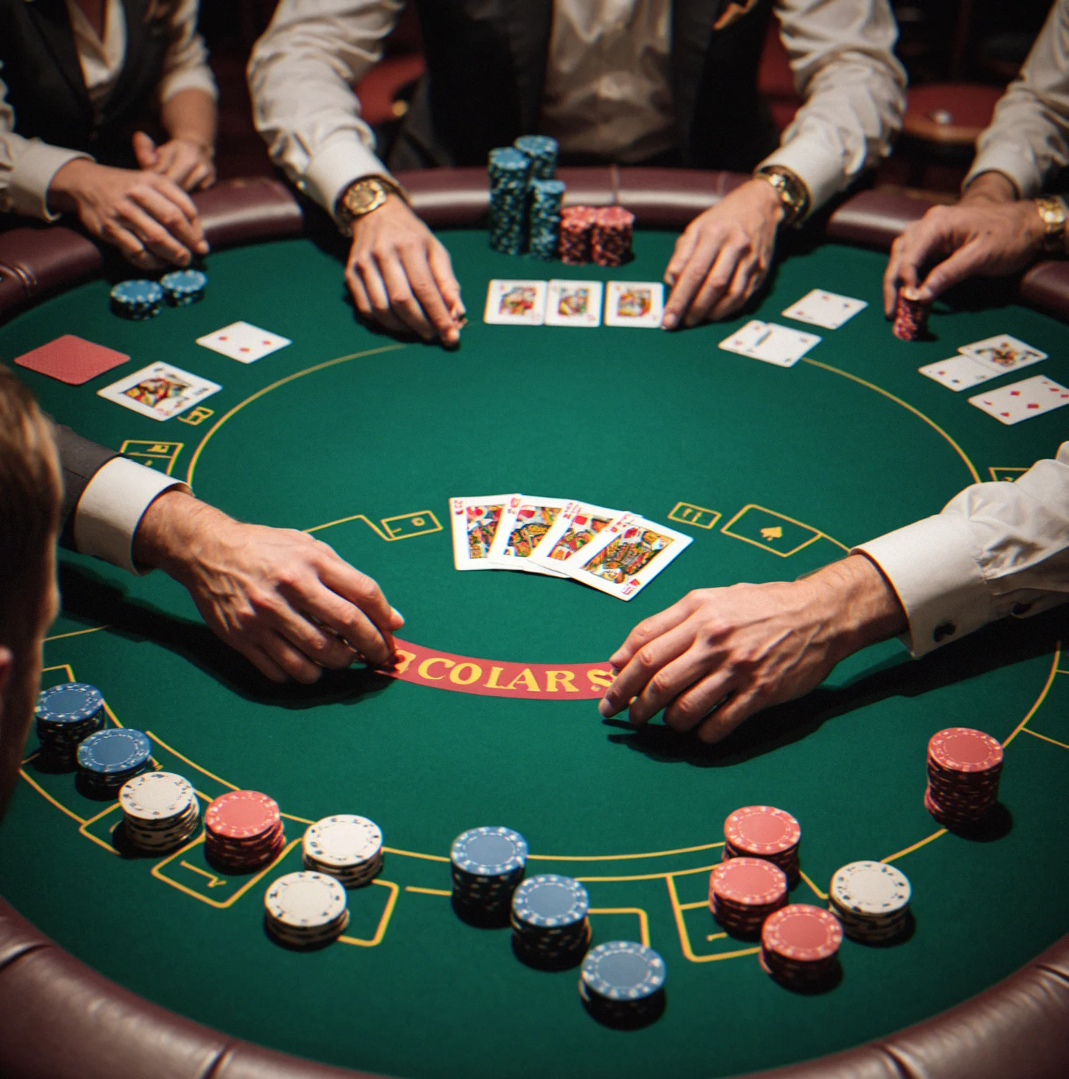 Professional poker table setup with organized chip stacks and dealer position ready for tournament play