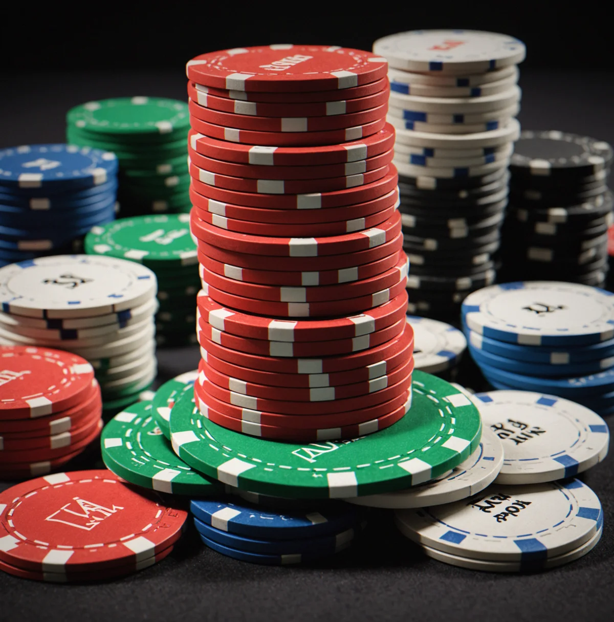 Stack of clay composite poker chips in various denominations ($1, $5, $25, $100) displaying precise weight and stacking integrity without sliding