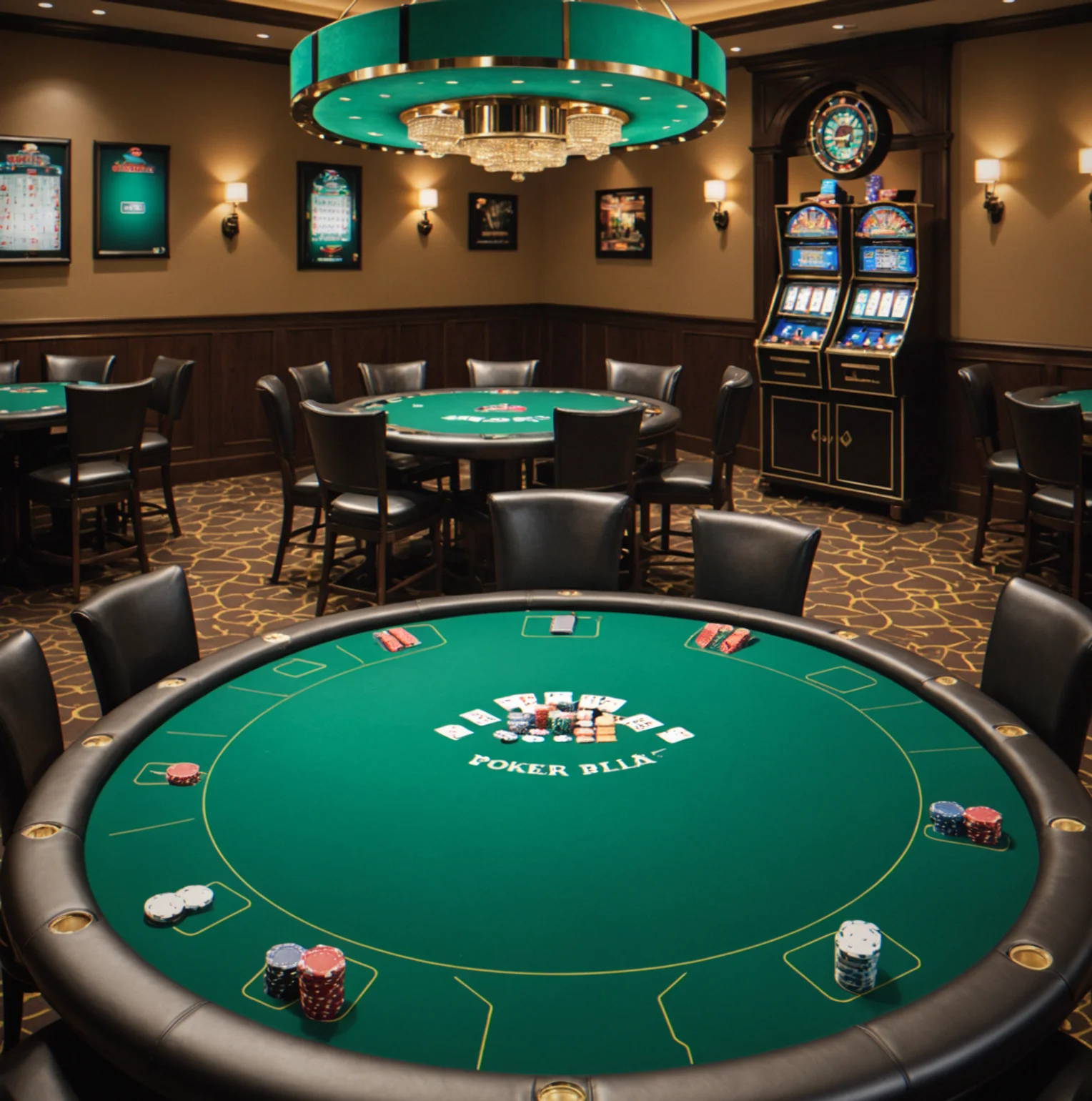 Professional 39-inch poker table with green felt surface, cup holders, and dealer position setup ready for tournament play