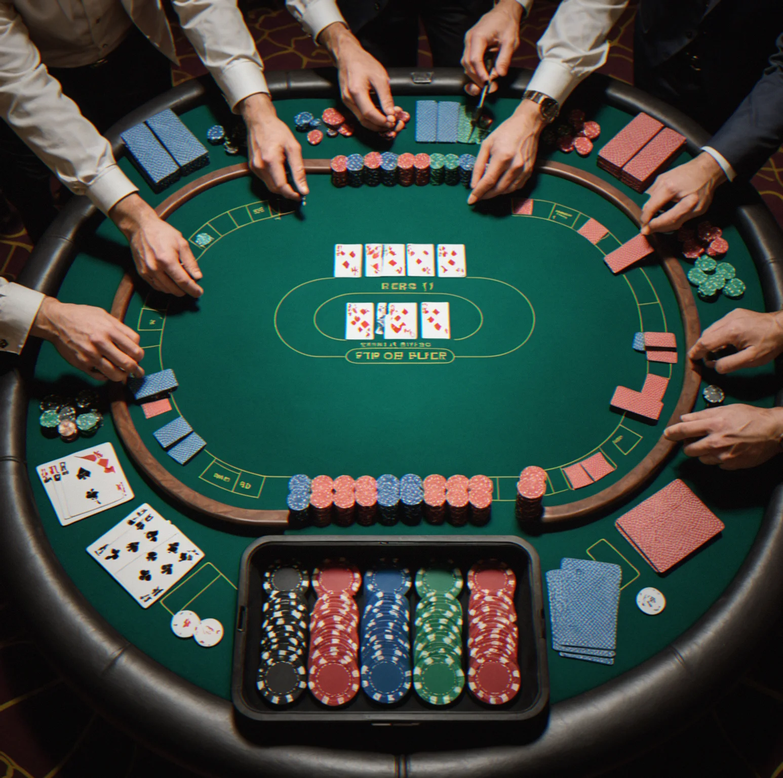 Complete rental setup showing chip trays, card shoe, cut cards, and felt brush arranged in organized dealer station