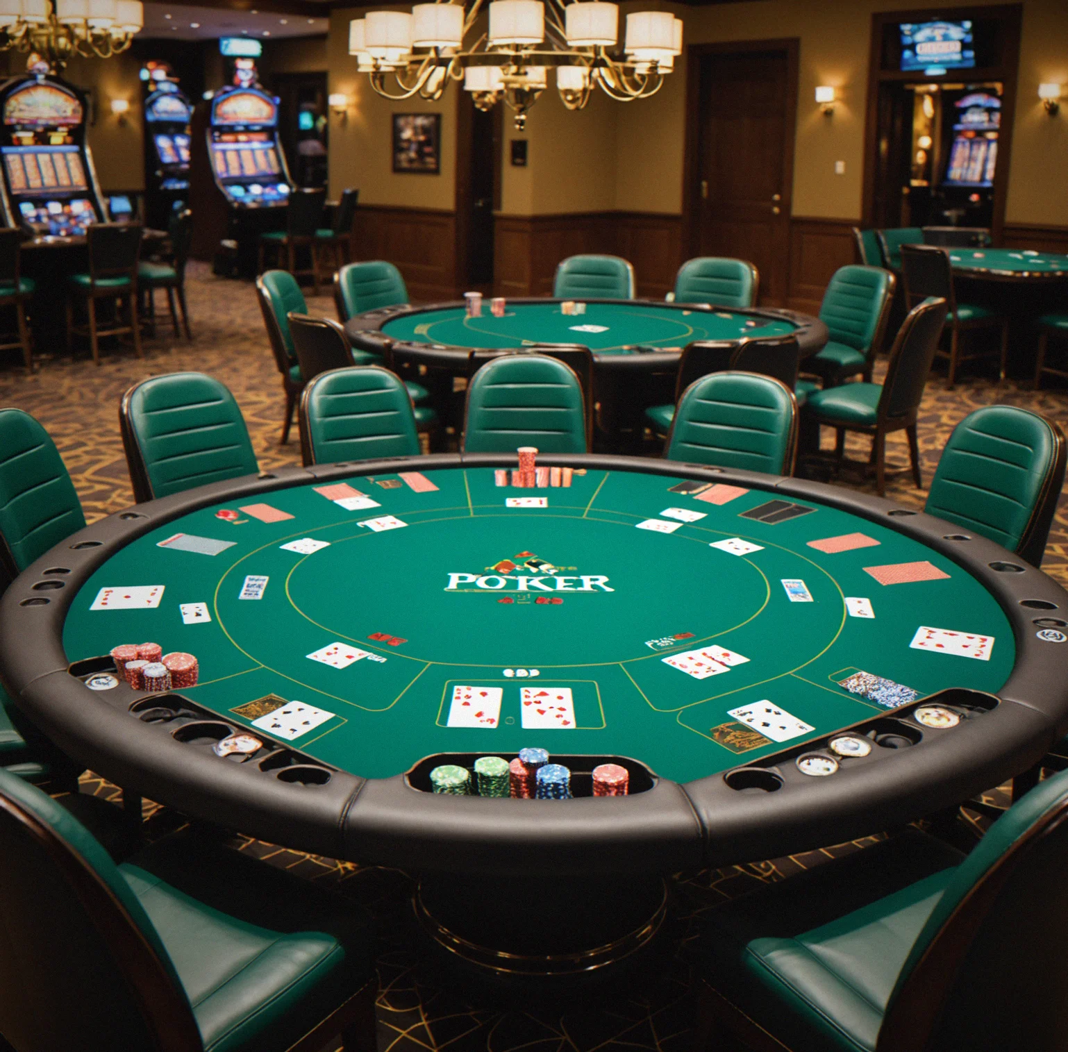 Poker table set up with tournament felt and cup holders ready to go