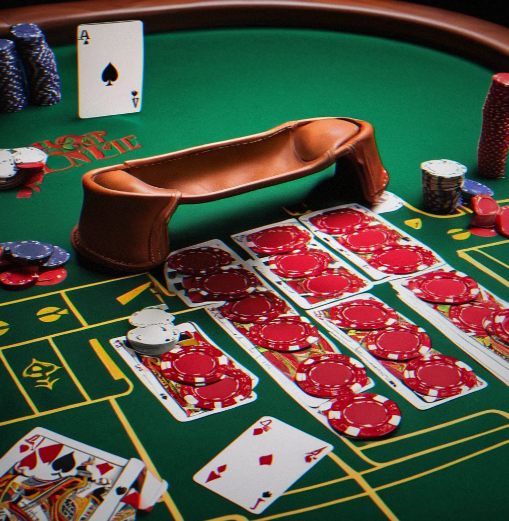 Poker table set up with tournament felt and cup holders ready to go