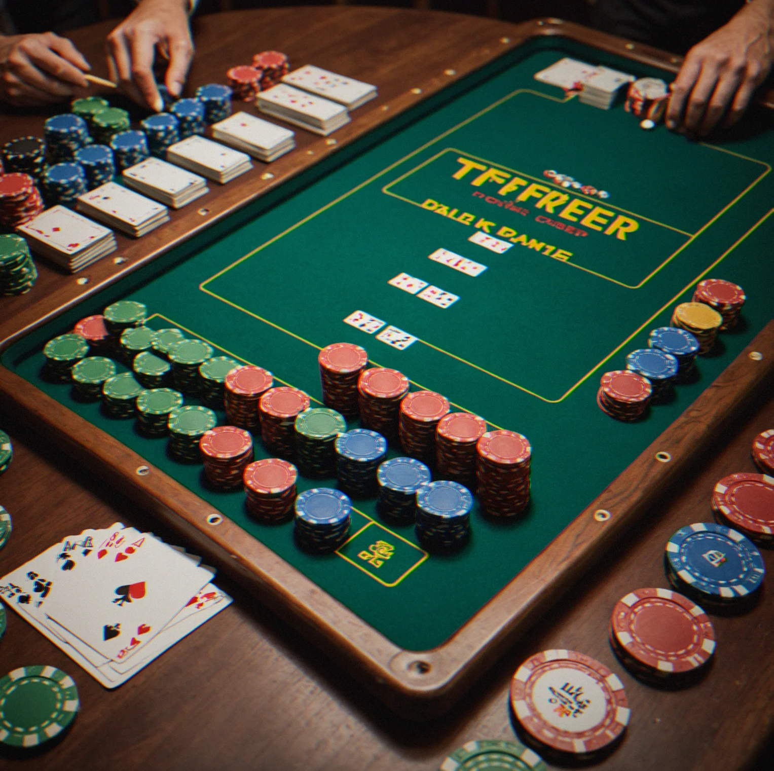 Poker table set up with tournament felt and cup holders ready to go