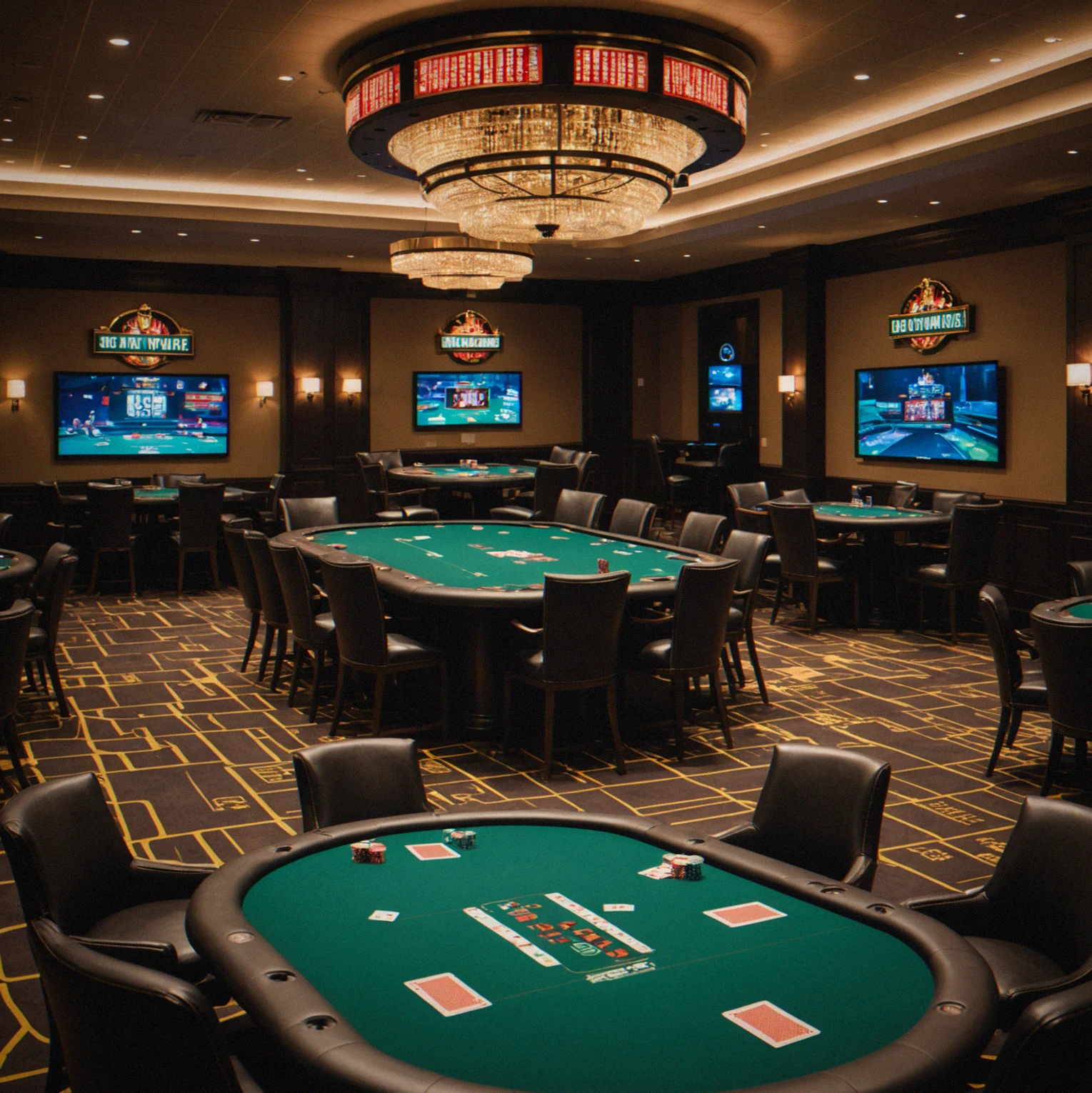 Poker table set up with tournament felt and cup holders ready to go