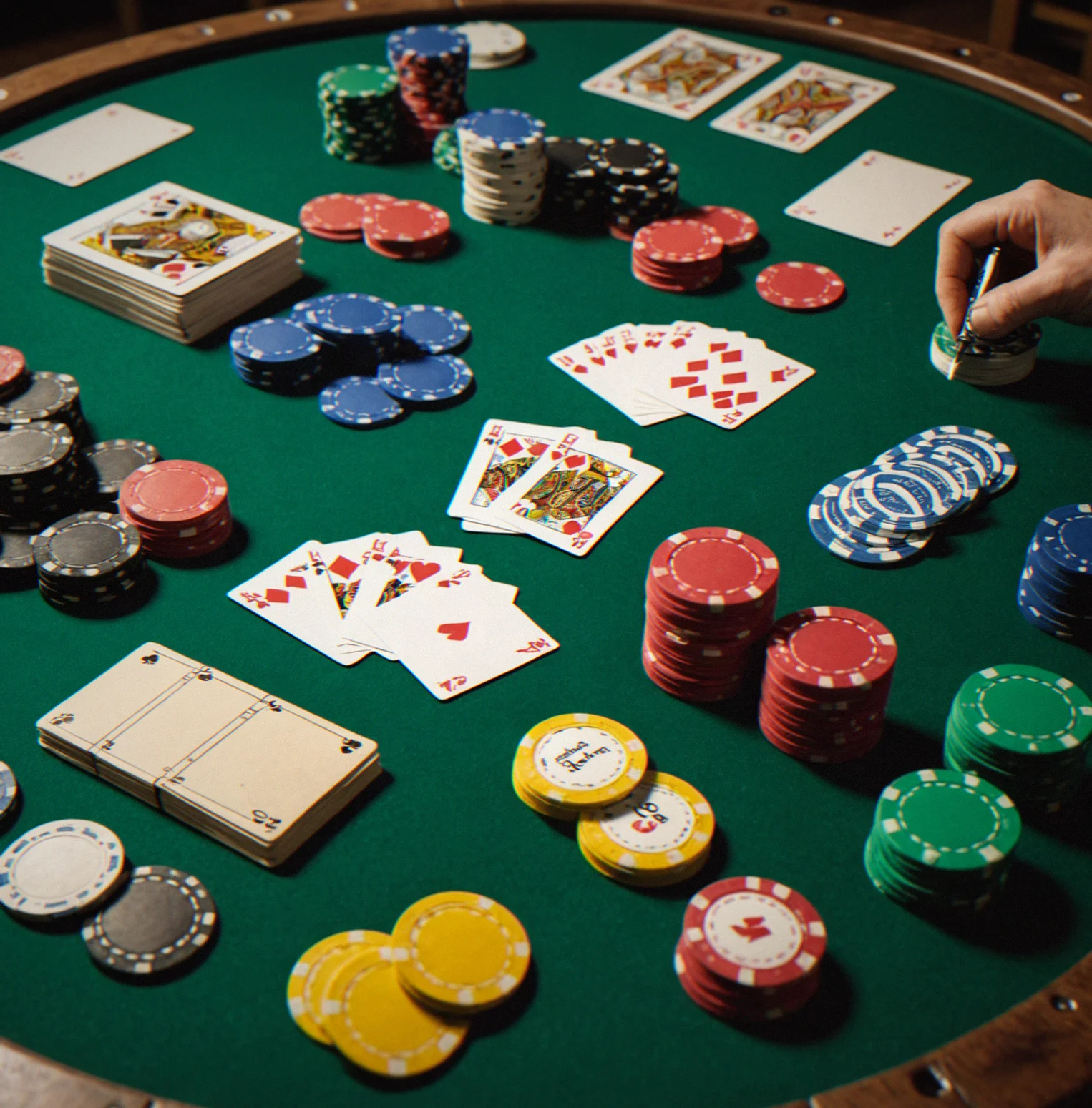 Poker table set up with tournament felt and cup holders ready to go