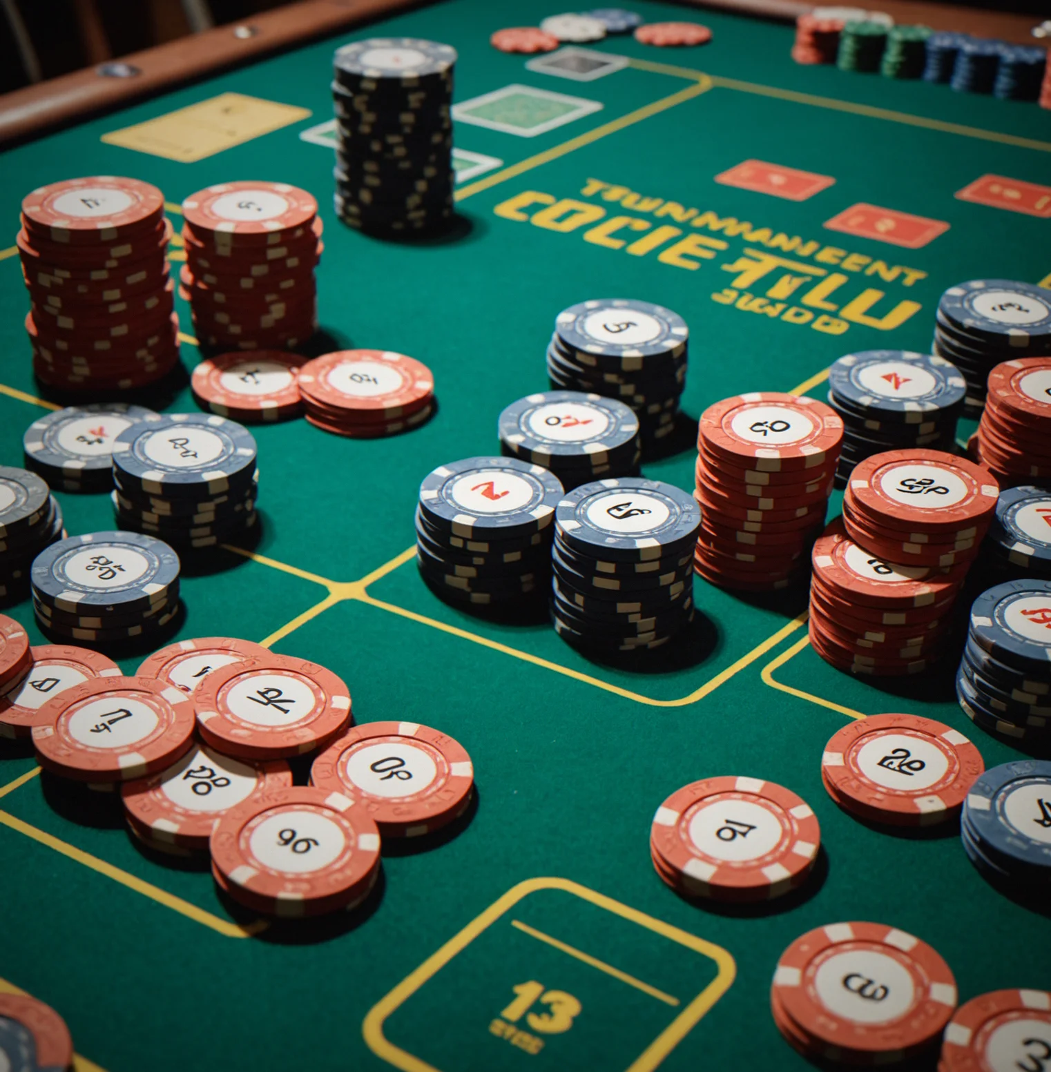 Poker table set up with tournament felt and cup holders ready to go