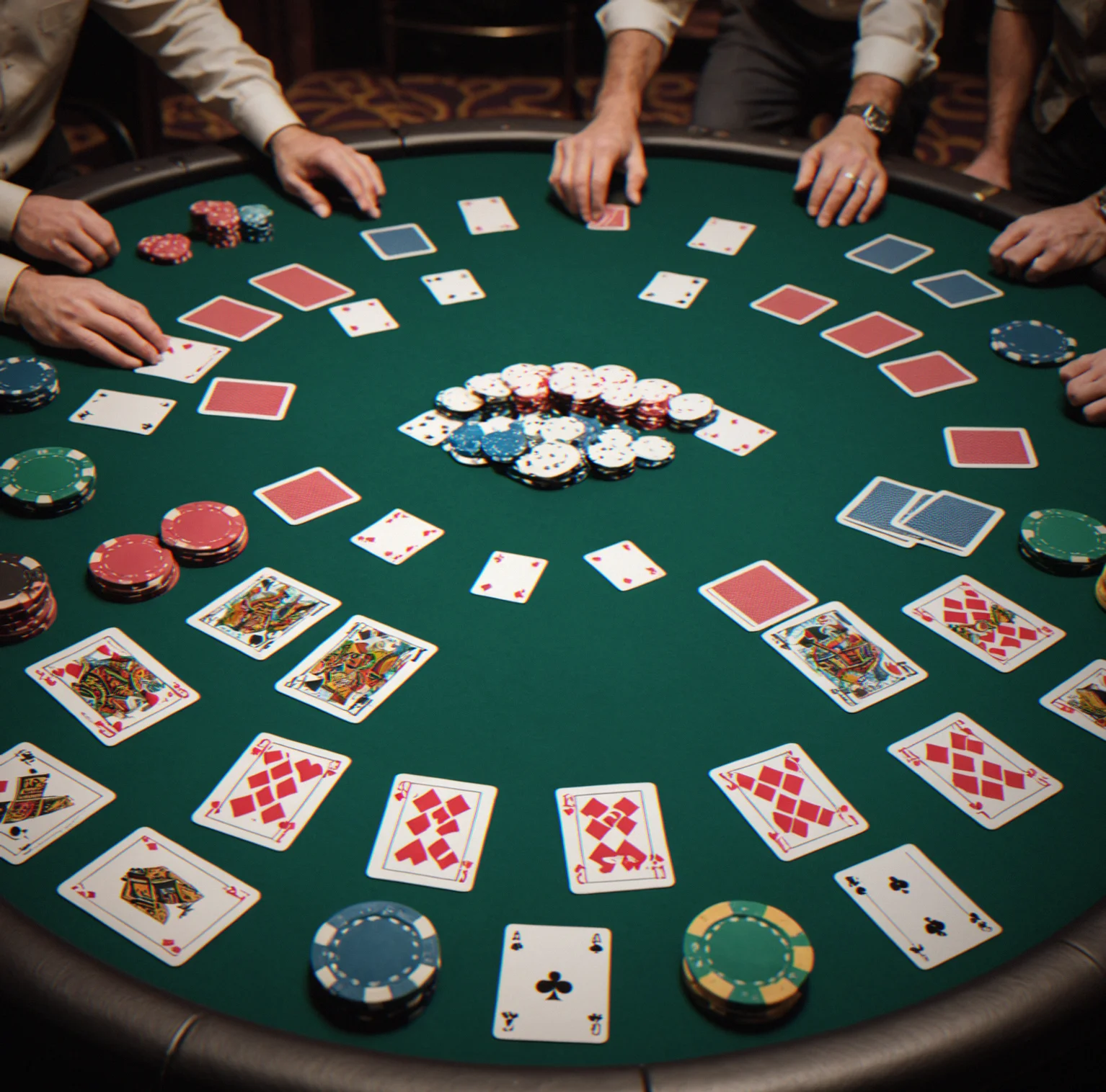Poker table set up with tournament felt and cup holders ready to go