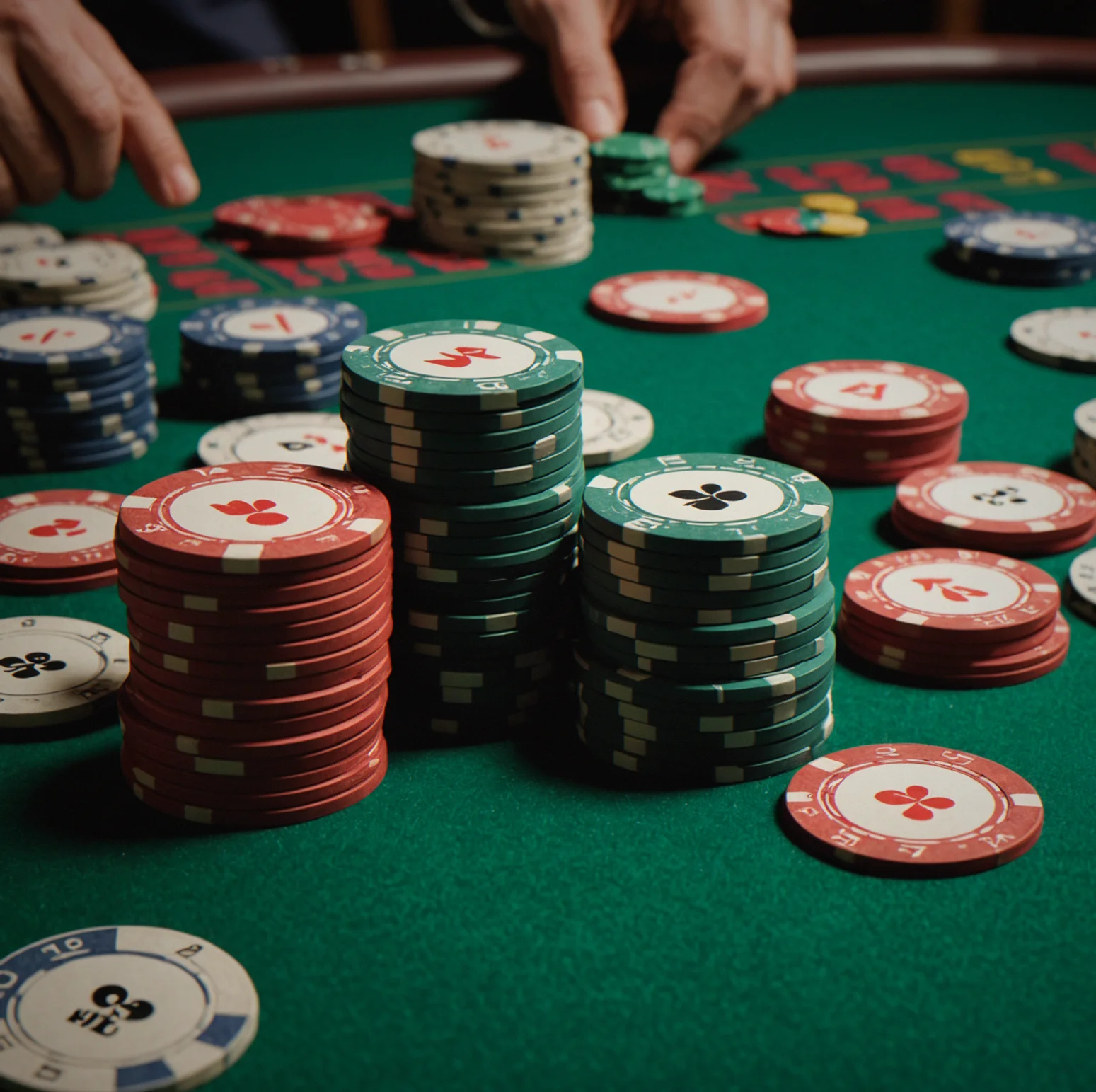 Clay composite chips stacked by value with $1, $5, $25, and $100 denominations on felt
