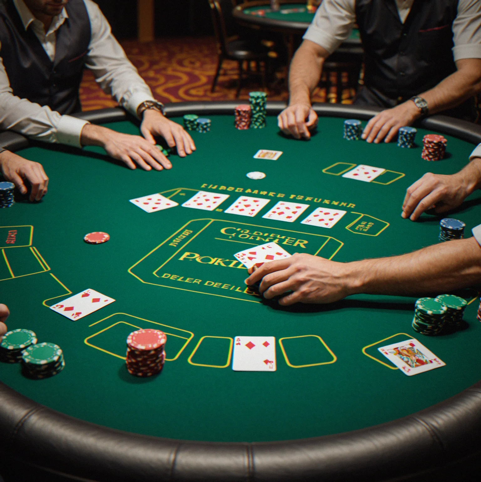 Professional poker table with green felt, cup holders, and dealer position with chip rack
