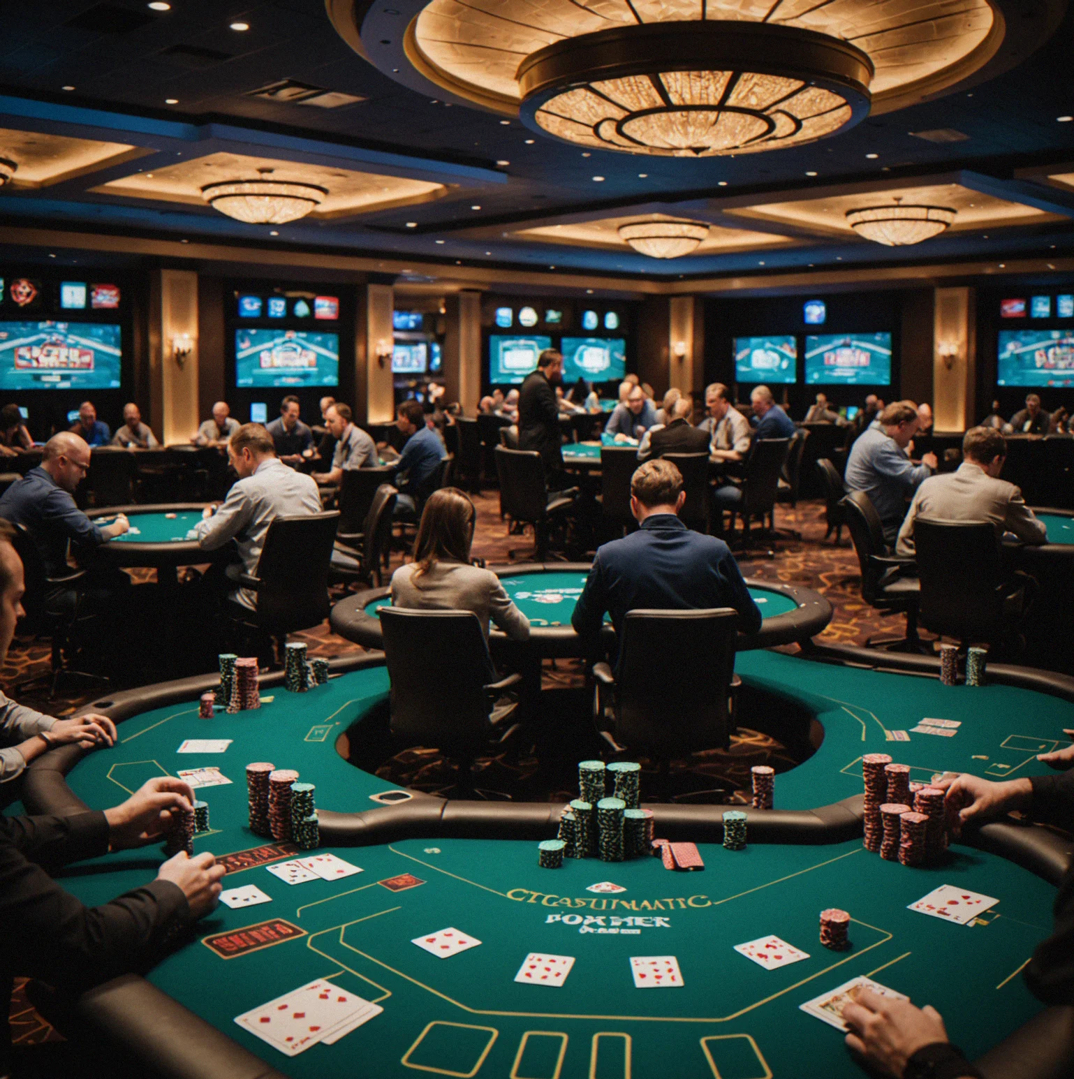 Corporate event space with two gaming tables under overhead lighting with guests seated for tournament play