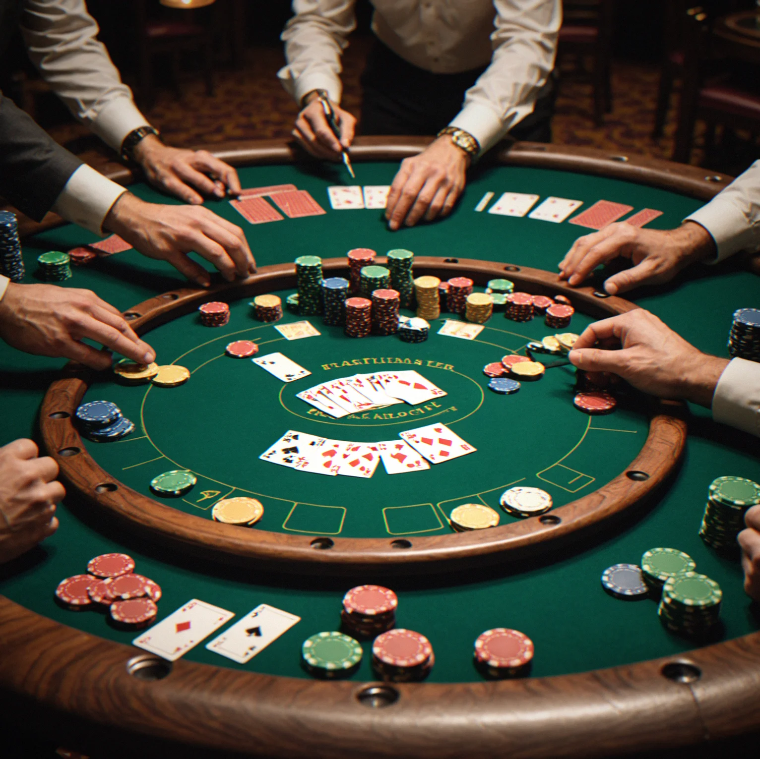 Wooden chip tray with denomination stacks, brush, and felt maintenance tools on table