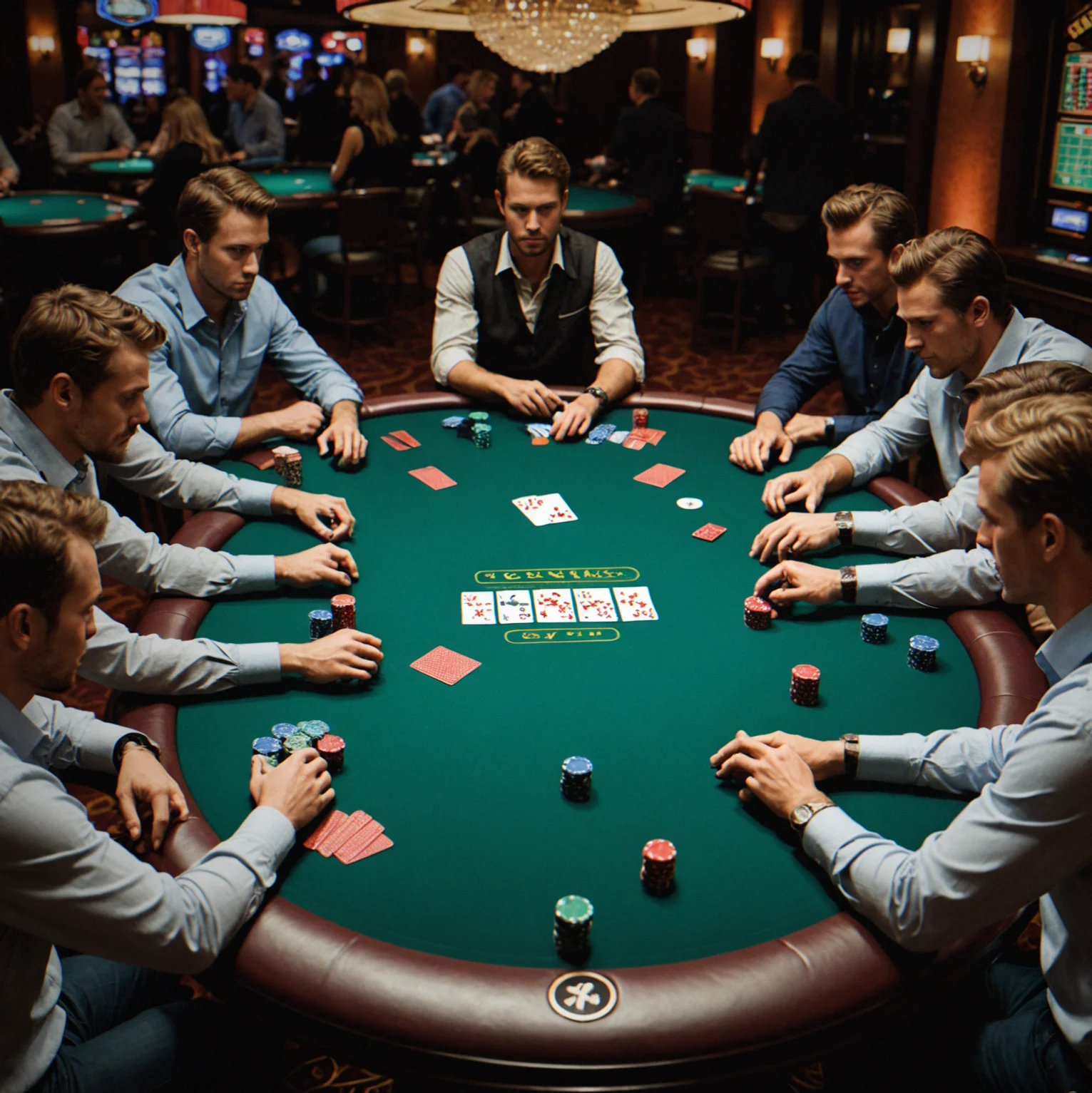 High-stakes private game around a 36-inch table with focused overhead lighting and professional felt