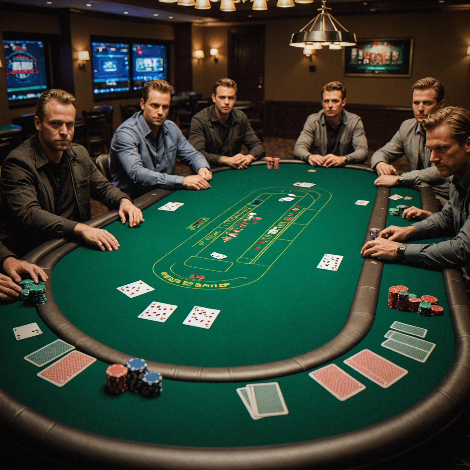 Professional poker table at 39 inches with green felt, chip stacks sorted by value, dealer position marked out clearly, and even overhead lighting across the whole surface