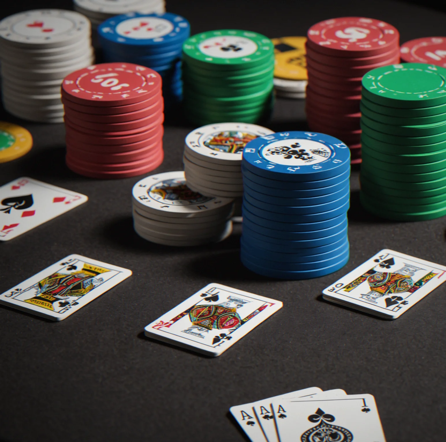 Clay composite chips stacked neatly showing $1, $5, $25, $100 and $500 denominations with chip tray and brush sitting nearby for organized gameplay