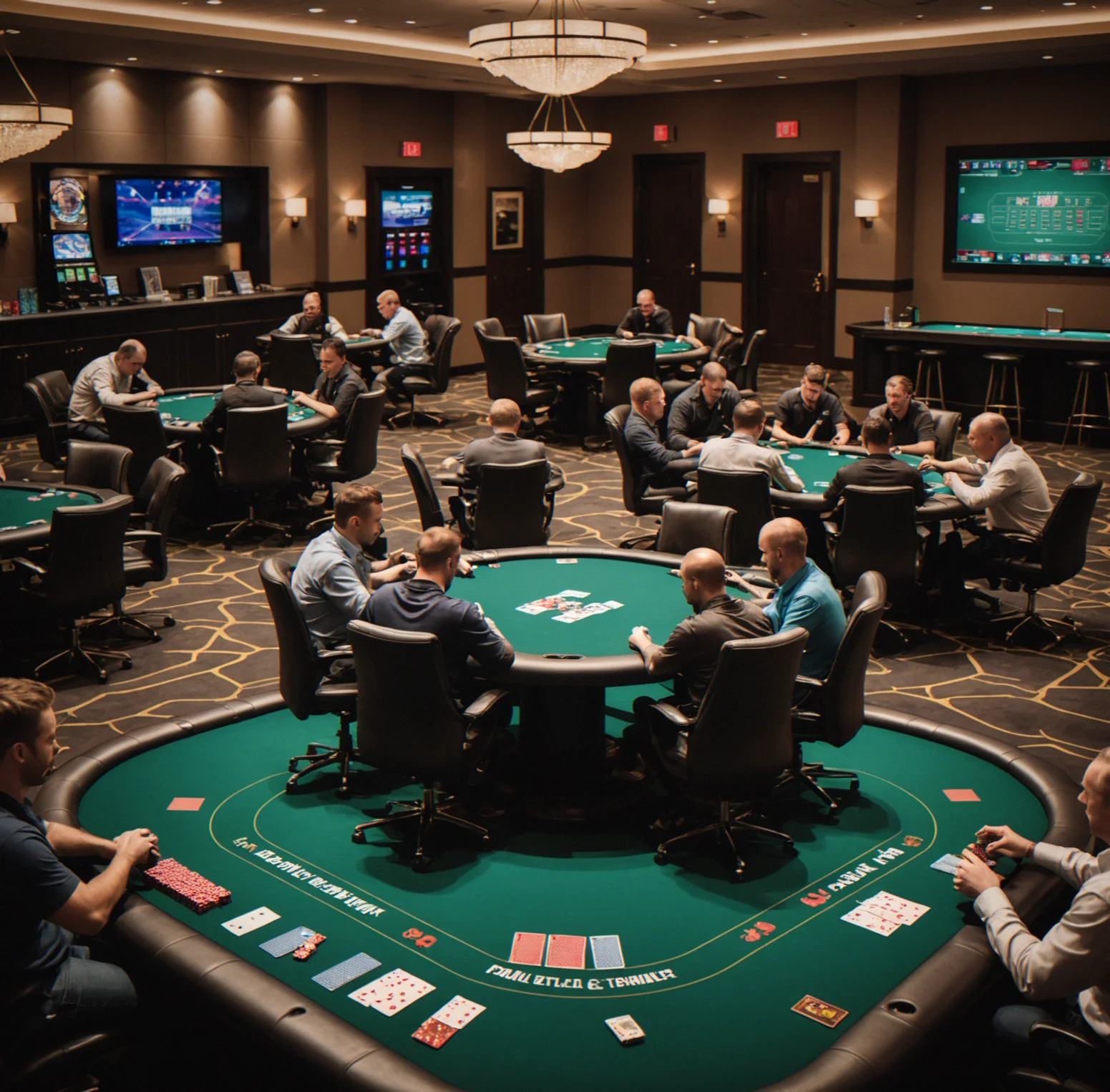 Corporate event space with two professional gaming tables set for a multi-table tournament, players seated around them, card shoes positioned at each dealer spot, professional lighting from above