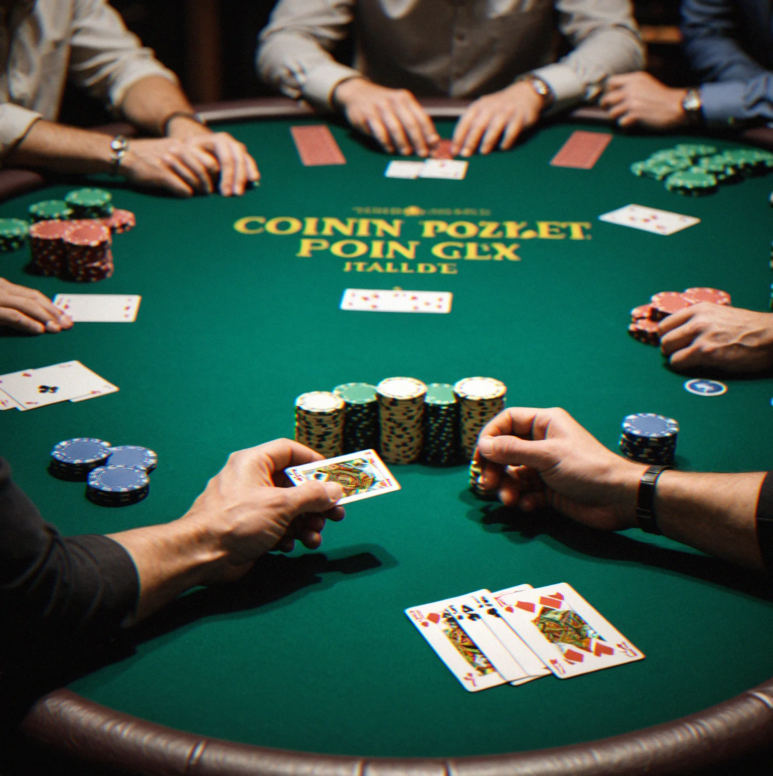 Tournament-ready poker table with clay chips stacked neatly, green felt and a card shoe positioned for dealing